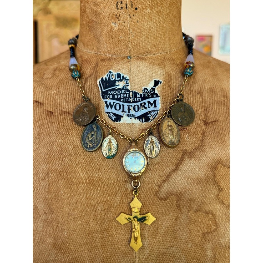 Vintage Religious Charm Necklace | Antique Watch Cross Medallion‎ Statement